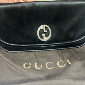 Gucci Black Satin Diamante Embellished 1973 'GG' Clutch